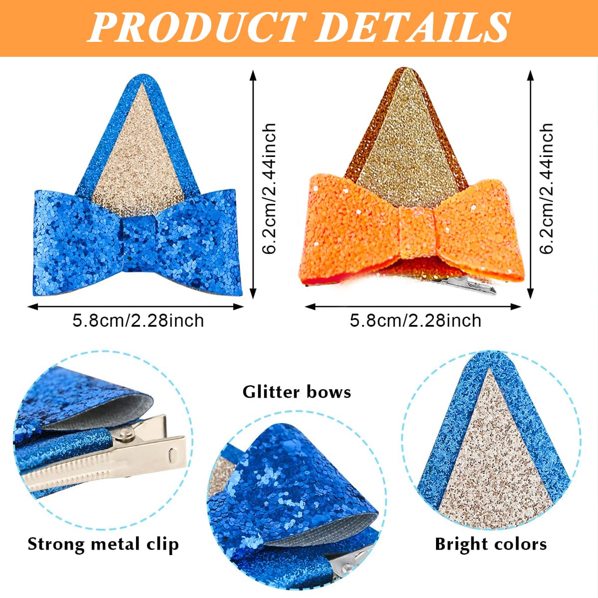 PALAY Dog Ear Bow Hair Clips for Toddlers and Kids featuring Glitter Sequin Bows Blue and Apricot | Party and Costume Accessories