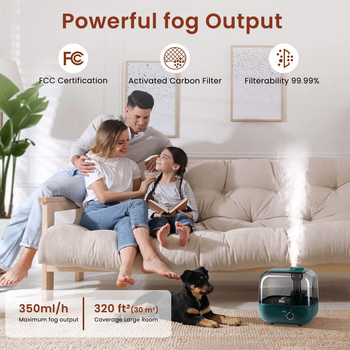 Bear Humidifier for Large Room with 5L Tank and 360° Nozzle | 28dB Quiet Top Fill Diffuser