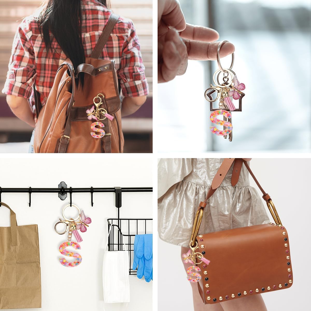 ZIBUYU Letter S Keychain for Bags and Backpacks featuring Pink Butterfly Clear Resin | 2 PCS Gift for Girls
