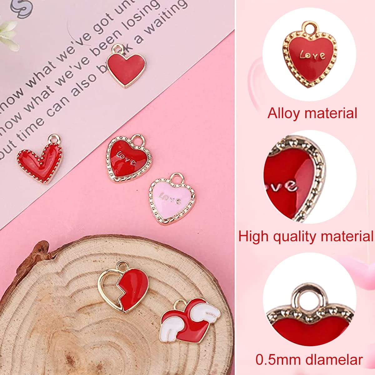 MAYCREATE Enamel Heart Shaped Pendants Set for DIY Jewelry Making featuring 50pcs Alloy Charms | Multi Color Accessories with Hanging Hole Design