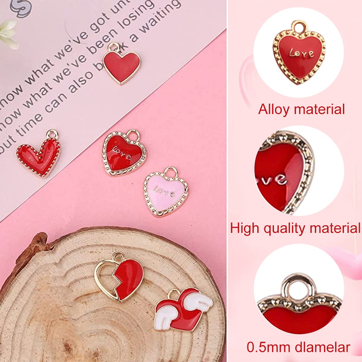 MAYCREATE® 50Pcs Enamel Charms for Jewellery Making Heart Shaped Pendants Set Mixed Bulk Metal Earring Charms Necklace Bracelet Charms for Jewelry Making and DIY Crafting