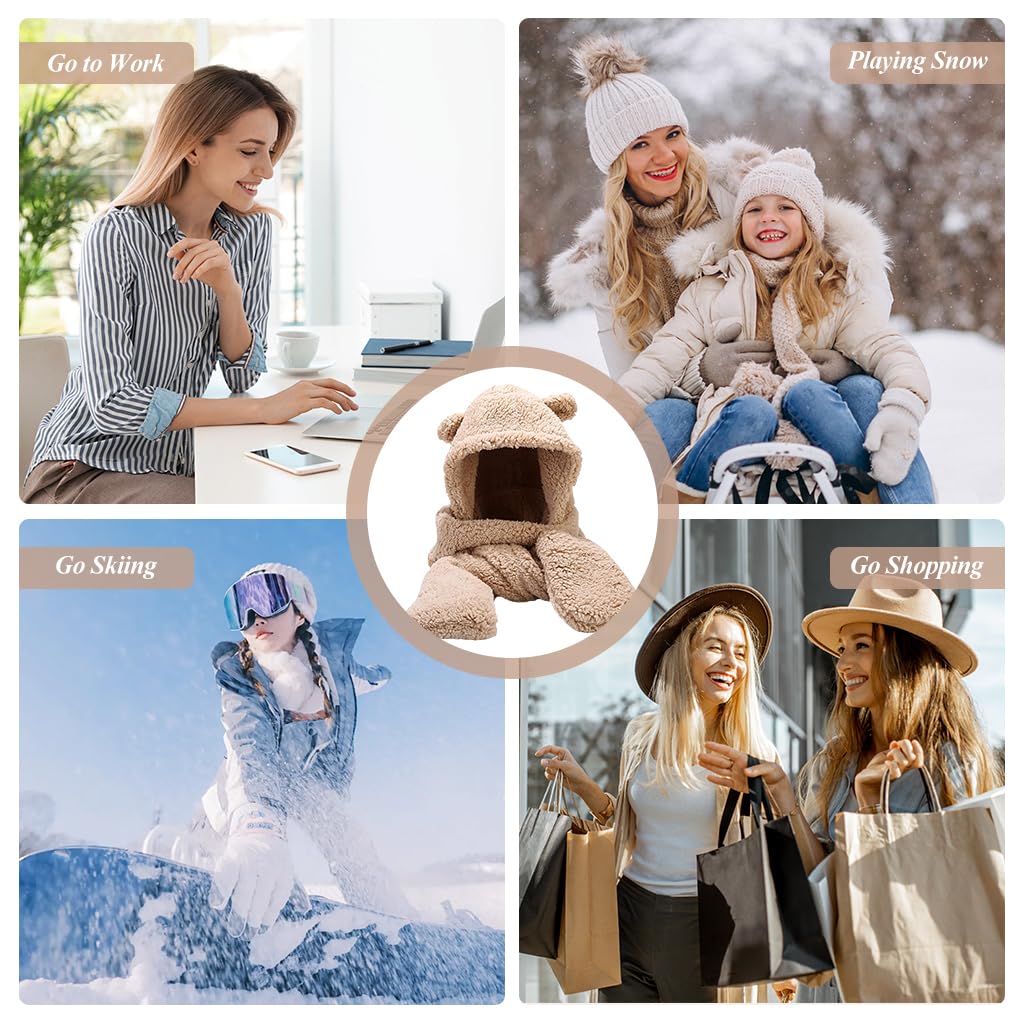 SANNIDHI Bear Ear Winter Cap for Women with Fleece Hood and Pocket Scarf | Cute 3 in 1 Hat