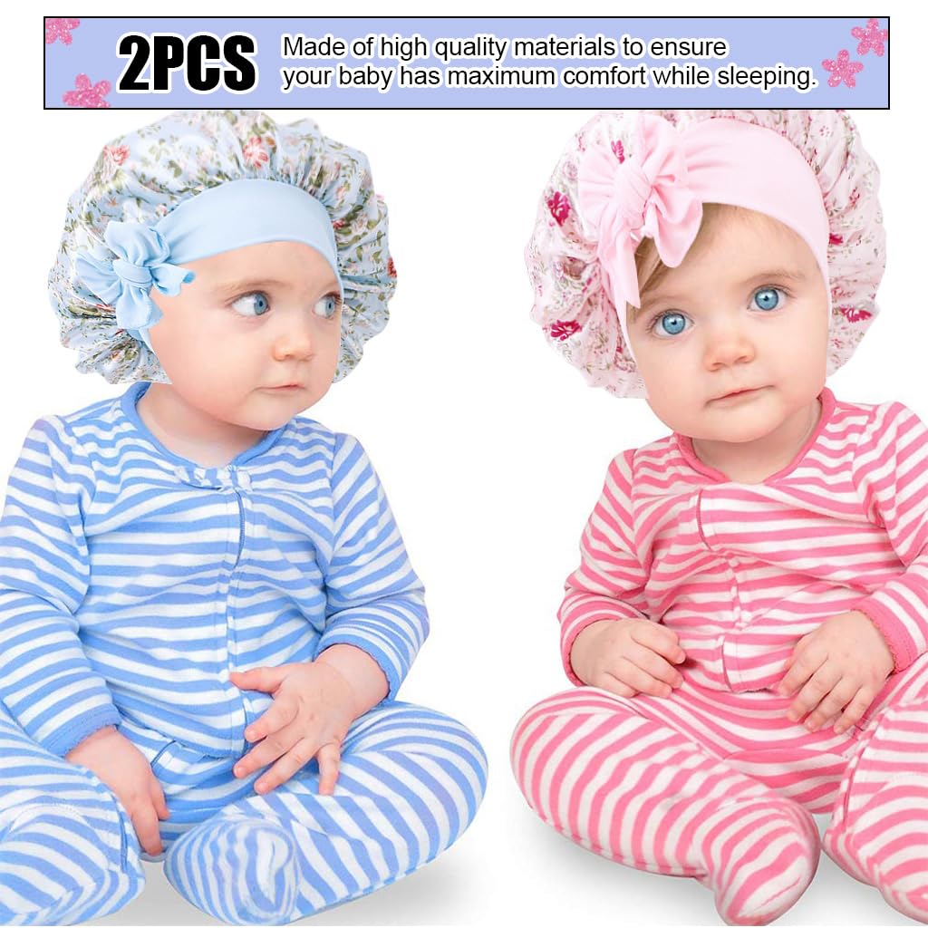 MAYCREATE Kids Silk Bonnet for Sleeping with Elastic Band and Floral Print | 2pcs Satin Hair Cap for Baby 2–8 Years