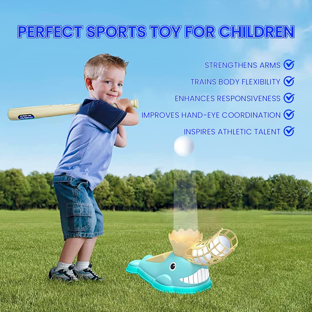 PATPAT® Bat Ball for Kids with Pitching Machine, Stepping-on Pitching Machine Bat Ball Kit for Kids 4+ Year Self Train, Baseball Train Set with Bat and Ball, Outdoor Toys for Kids Pitcher Game(Blue)