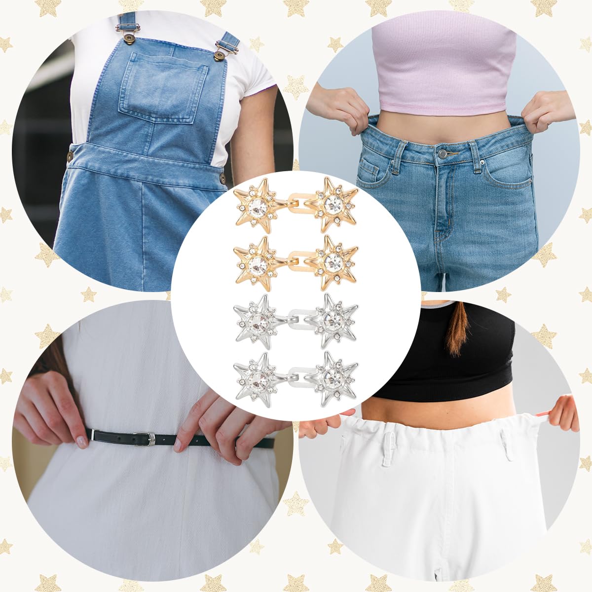 SANNIDHI Jeans Waist Adjusters for Women with Star Rhinestone Clips 4 Pairs Alloy Set | No Sew Fit Fix