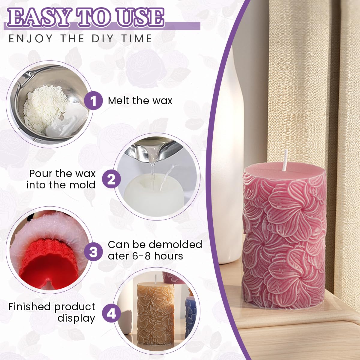HASTHIP Flower Petal Cylinder Candle Mold for DIY Crafts with 3D Rose Design 7.3×10.8 in Silicone