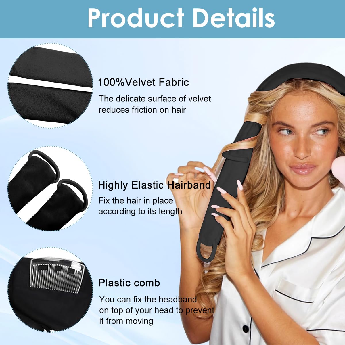MAYCREATE Overnight Heatless Hair Curler Straps for Travel with Built-in Multi Elastics | Soft Velvet Kit with Comb