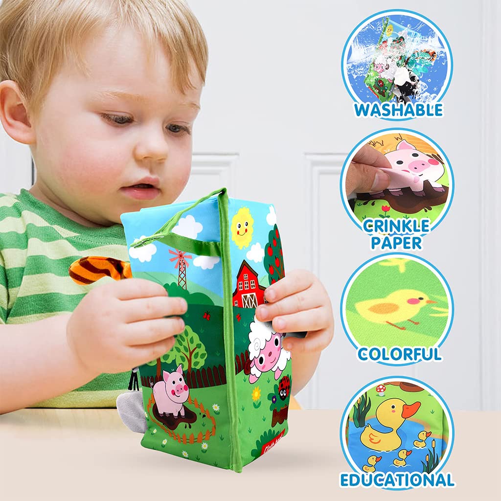 PATPAT 3D Baby Cloth Book,Cute Farm Animal Theme Soft Cloth Books, Sensory Book,6 Pages Early Development Baby Cloth Book for Baby Toddler 3-18 Months (Farm Tails Cloth Book) Yellow