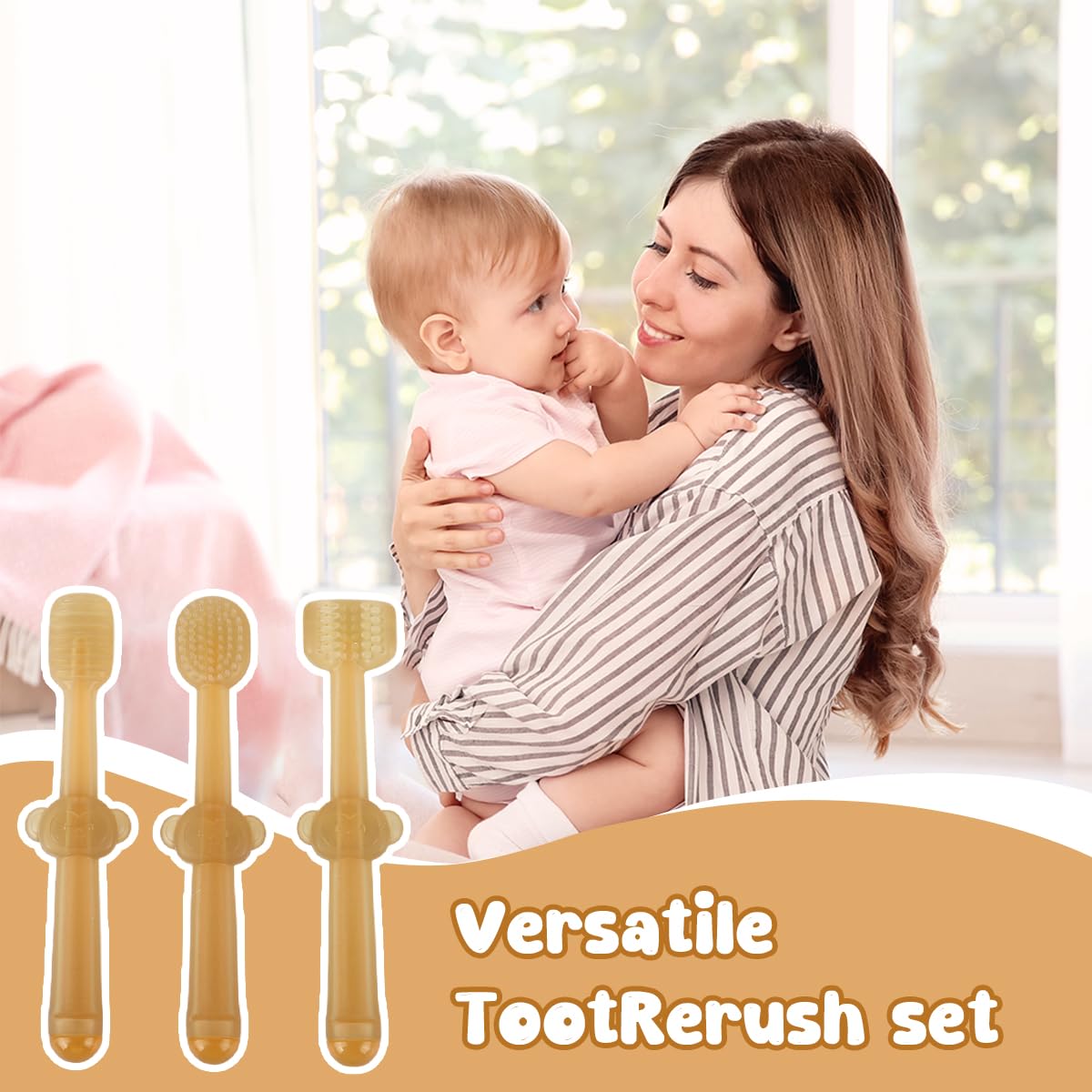 SNOWIE SOFT Silicone Baby Toothbrush Set for 0–18 Months with Tongue Cleaner and Gum Massager | Orange 3Pcs Infant Oral Care