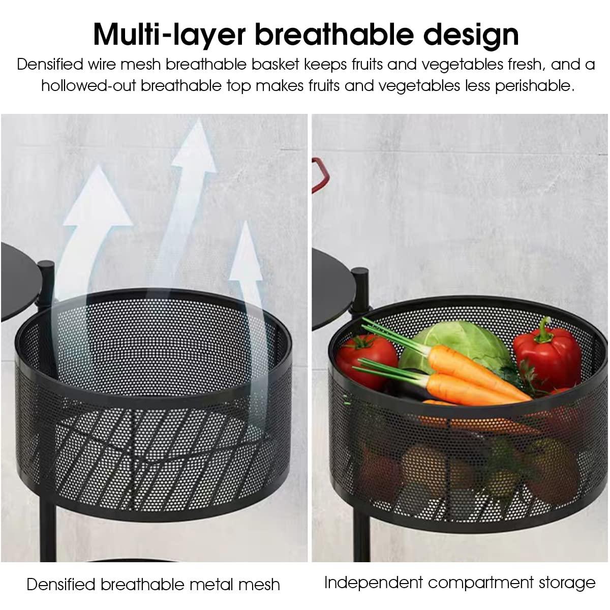 HASTHIP Kitchen Rotating Trolley for Storage with 3 Layer 30cm Mesh Baskets | 360° Wheels