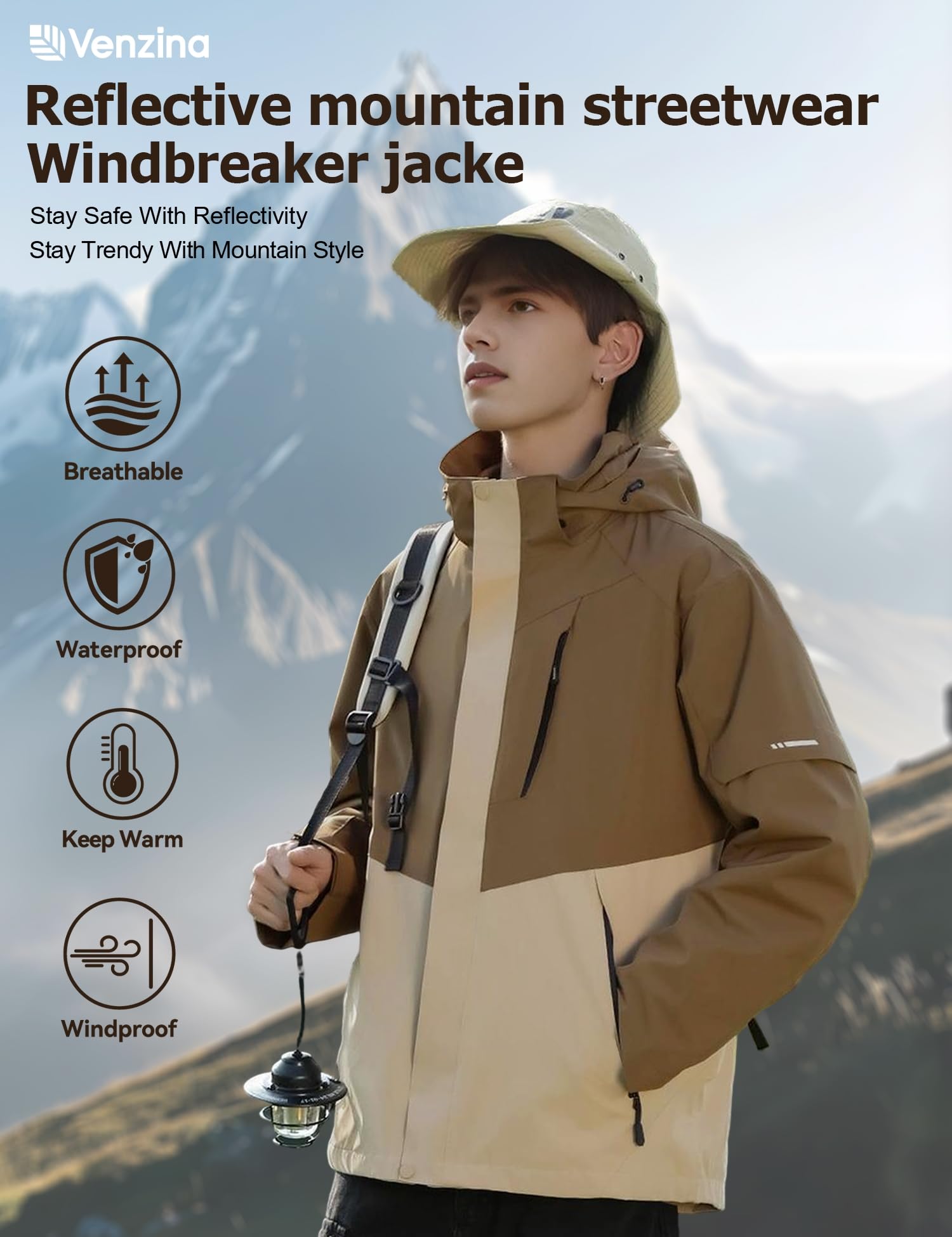 Venzina Men's Lightweight Jacket for Hiking and Cycling with Reflective Sleeves | Breathable Water‑Repellent Brown Windbreaker