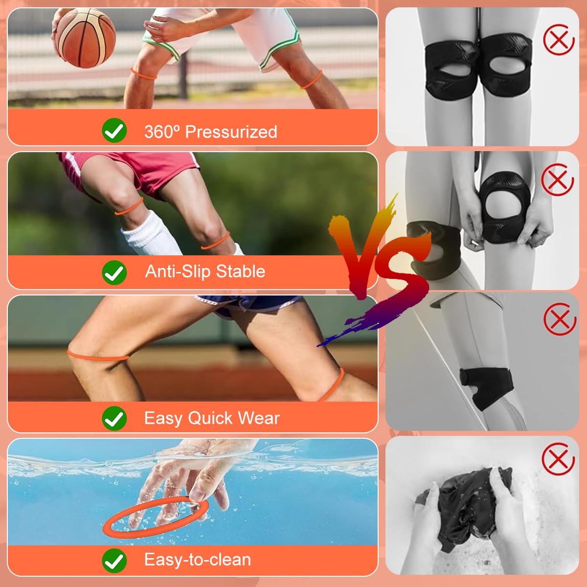 HANNEA Knee Support for Running with Silicone Patella Rings and Adjustable Straps | 2 Pairs 4PCS Pink and Orange