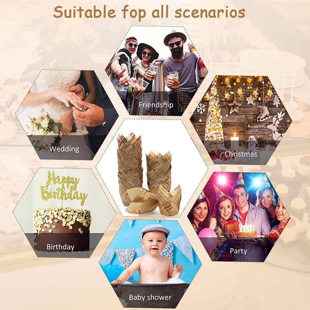 Supvox Cupcake Liner for Baking Weddings and Birthdays featuring 100pcs 5cm Tulip Cups | Natural Newspaper Printed Greaseproof Paper