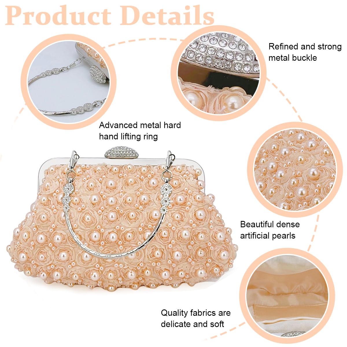 PALAY Evening Bag for Women with Pearl Rose Decoration and Detachable Metal Handle | Apricot Clutch for Party and Prom