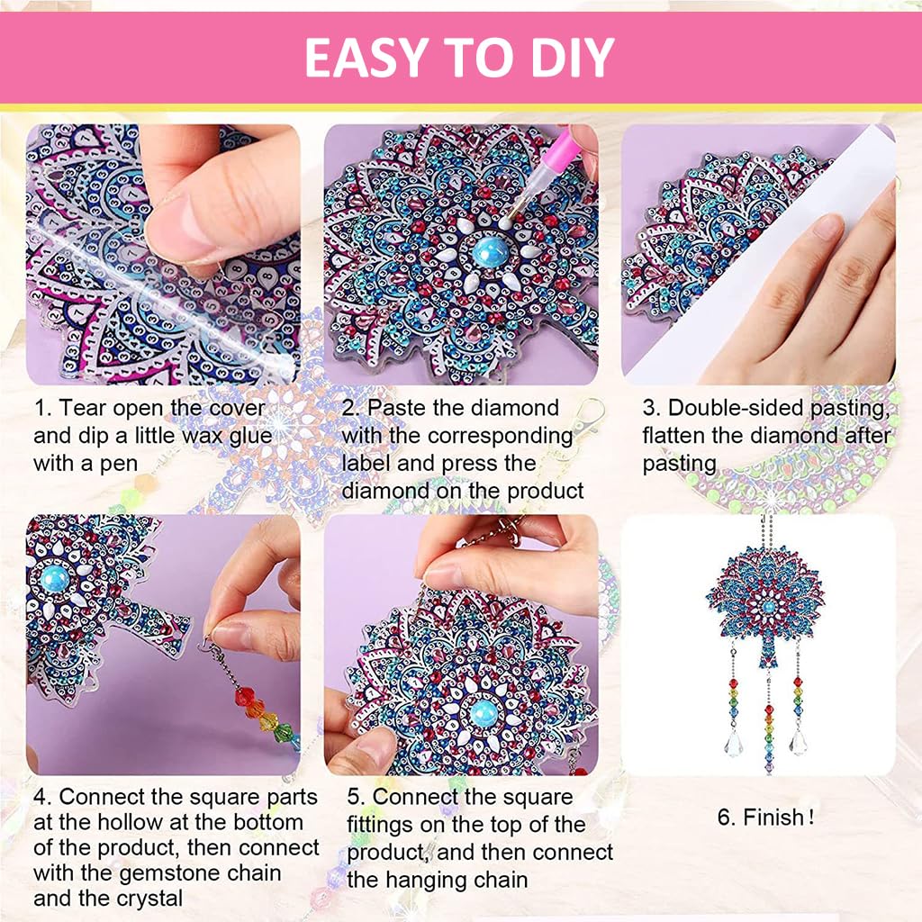 HASTHIP® 3pcs DIY Diamond Painting Kit for Kids & Adults Mandala Wind Chime DIY, with Tools and Accessories, 20cm/7.87 Inches