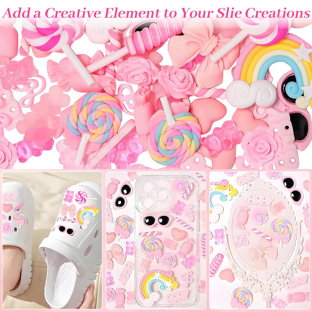 HASTHIP Phone Case Charm Set for DIY Crafting with 60 Flat Back Resin Pieces | Pink Sweet Theme