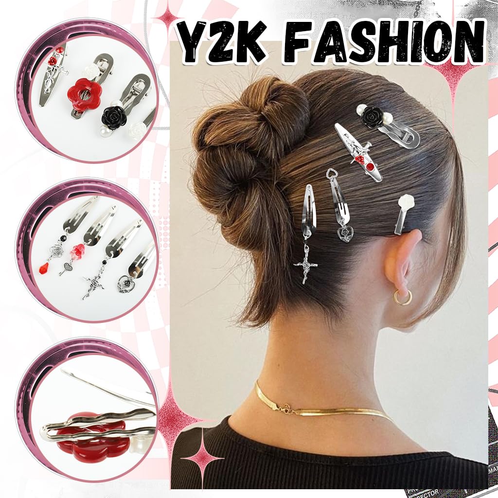 MAYCREATE Hair Clips for Women featuring 8 Metallic Flower Charms | Y2K Korean Style Barrettes