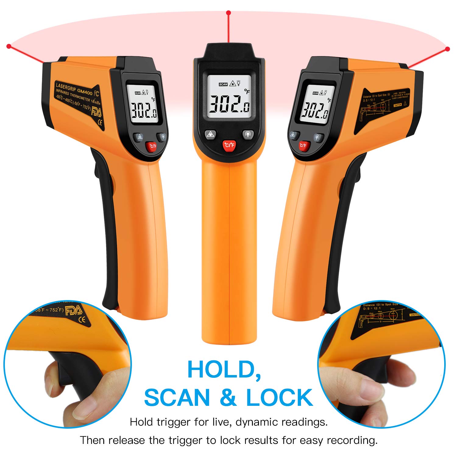 ZIBUYU® Infrared Thermometer, Handheld Digital LCD Laser Thermometer Temperature Gun for -50°C to 400°C (-58°F to 752°F) for Household Industrial Use for Cooking & Temperature Check - 1