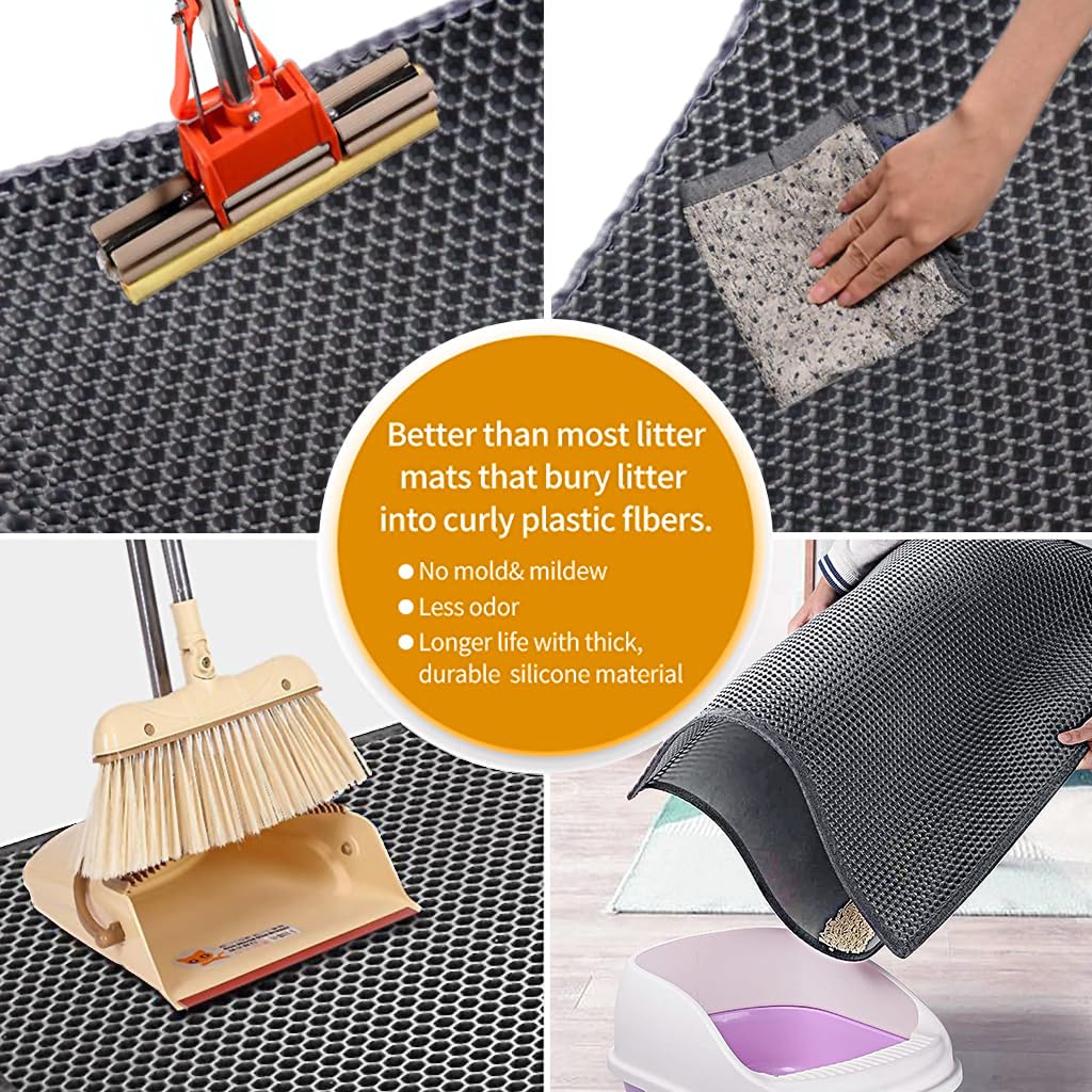 Qpets Cat Litter Mat for Litter Box with Double Layer Honeycomb Design 40×60cm Grey