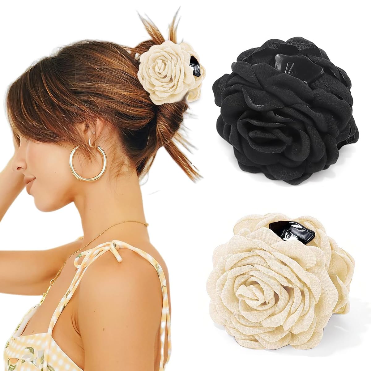 PALAY® 2Pcs Rose Hair Claw Clips for Women Large 3.5 In Flower Claw Clip Hawaiian Fashion Blooming Rose Claw Clips Aesthetic Hair Clip - Black & White