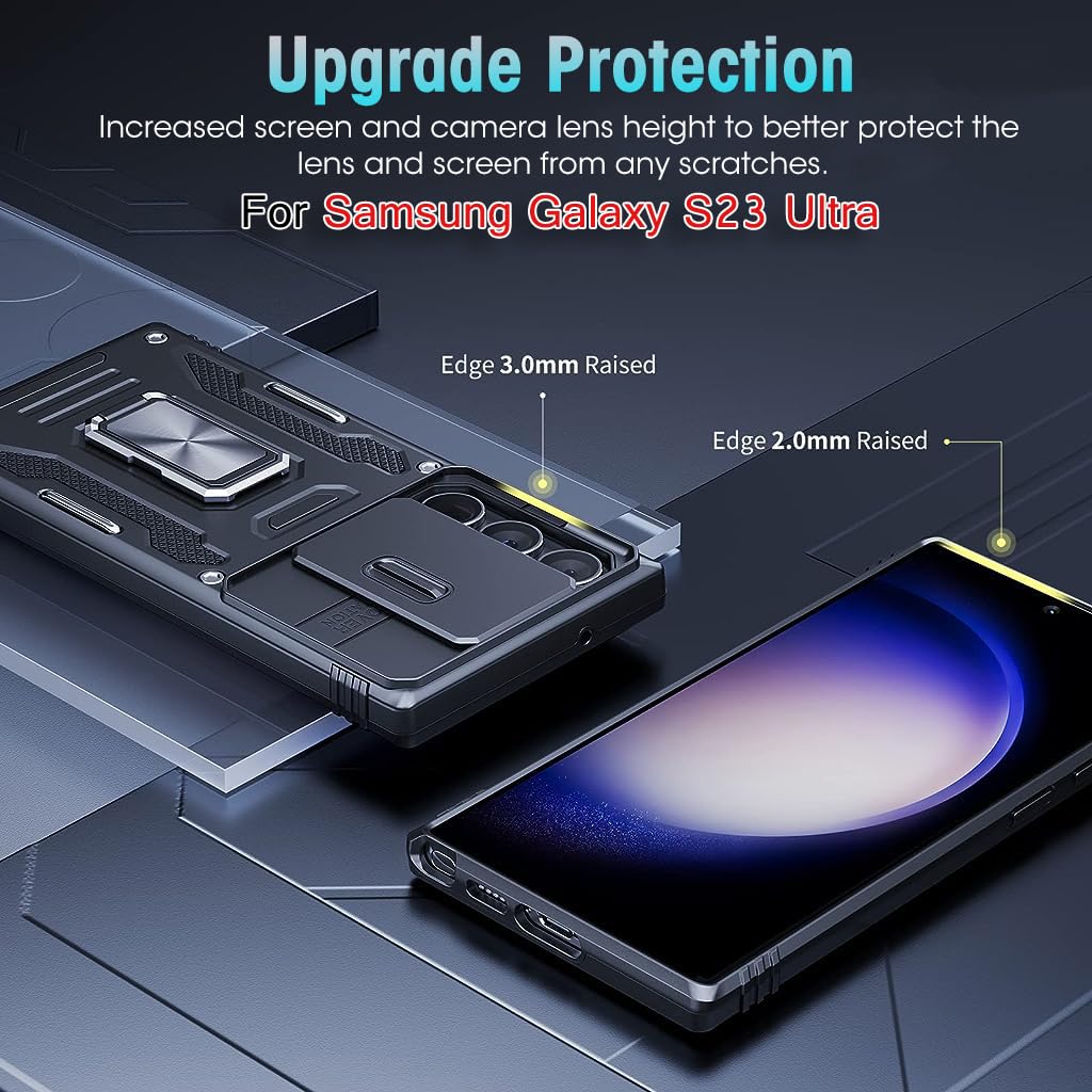 Zeitel Galaxy S23 Ultra Case with 360° Rotatable Ring Kickstand and Sliding Lens Cover | Black PC TPU Metal Protection