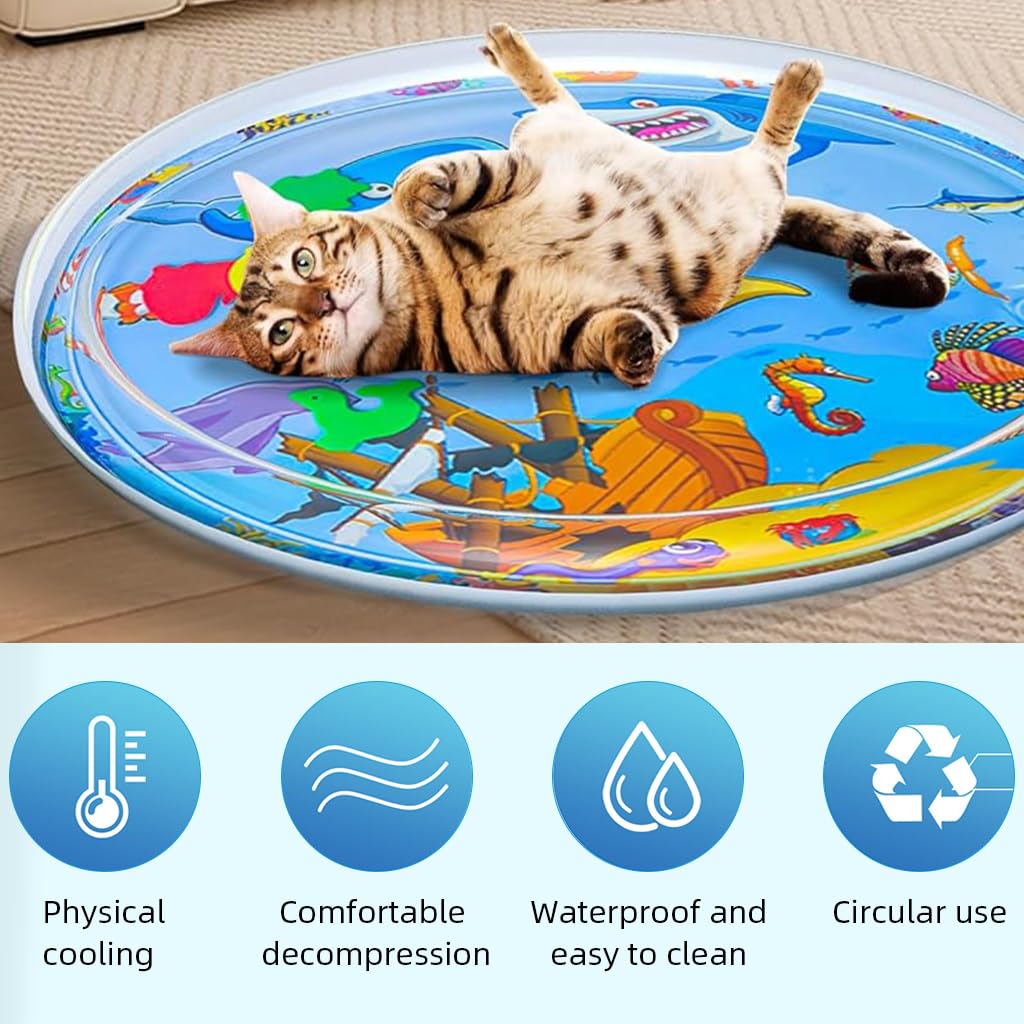 Qpets Cat Water Bed for Summer Cooling with Built in Fish Ornaments and Air Pump | 39.37 in Thicken PVC Mat