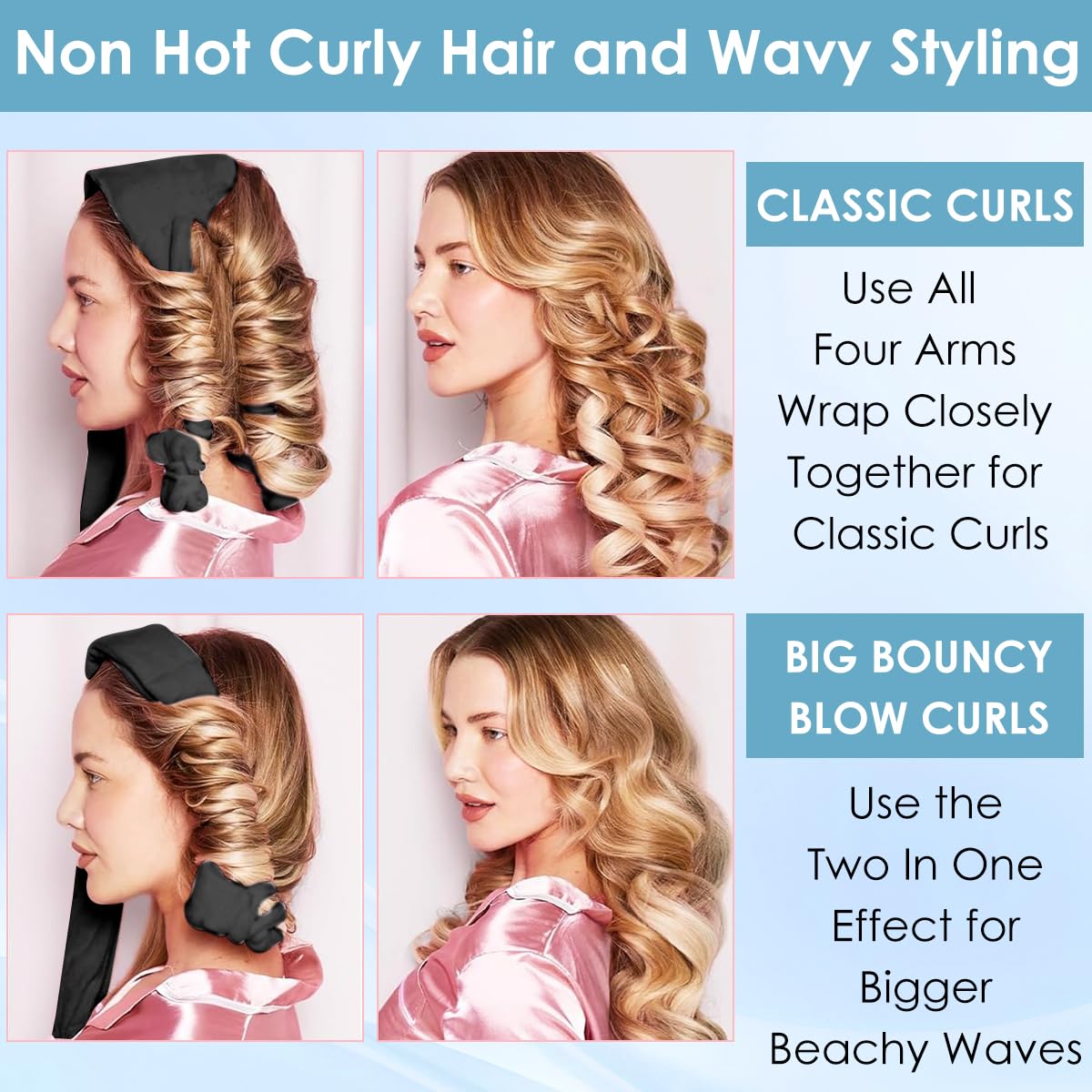 MAYCREATE Overnight Heatless Hair Curler Straps for Travel with Built-in Multi Elastics | Soft Velvet Kit with Comb