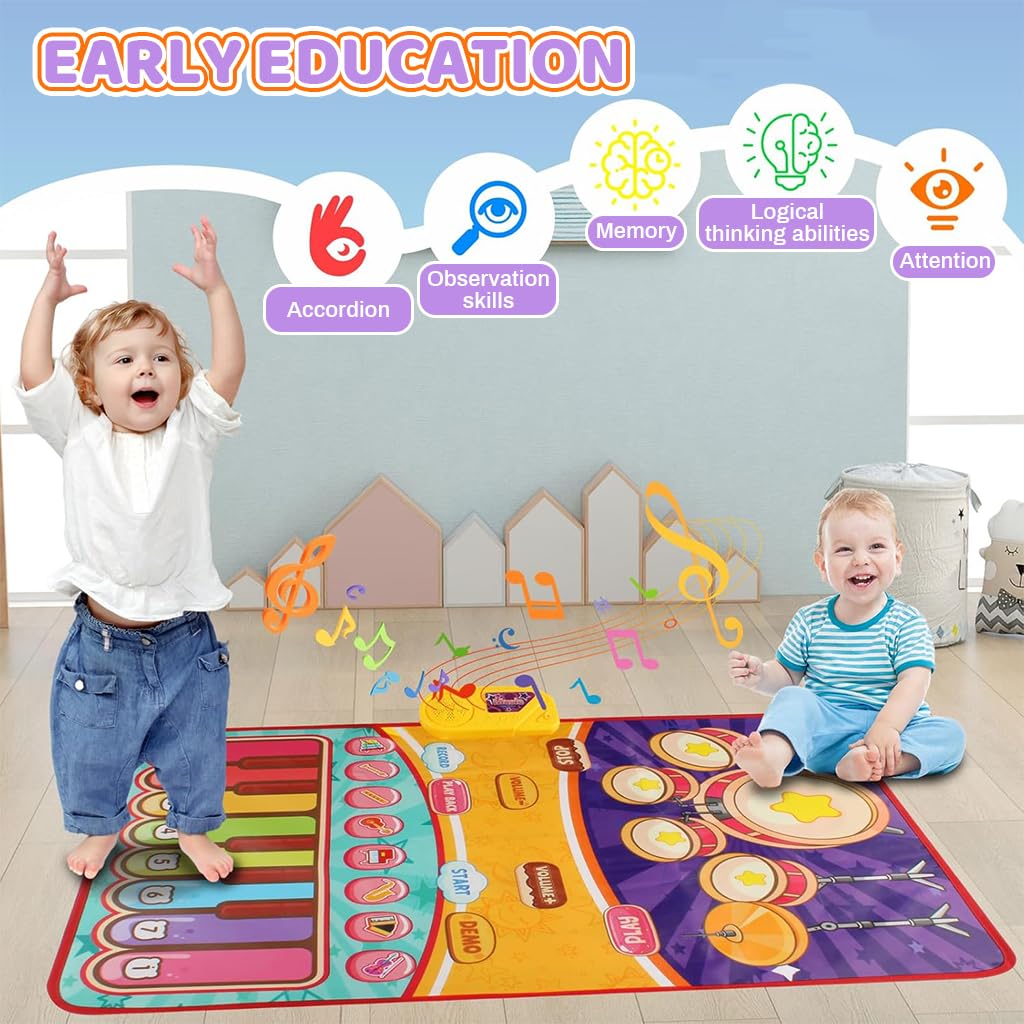 PATPAT Piano Mat for Kids 36 x 24 Dual Row Keyboard with 16 Keys & 8 Sounds | Blue Musical Toy