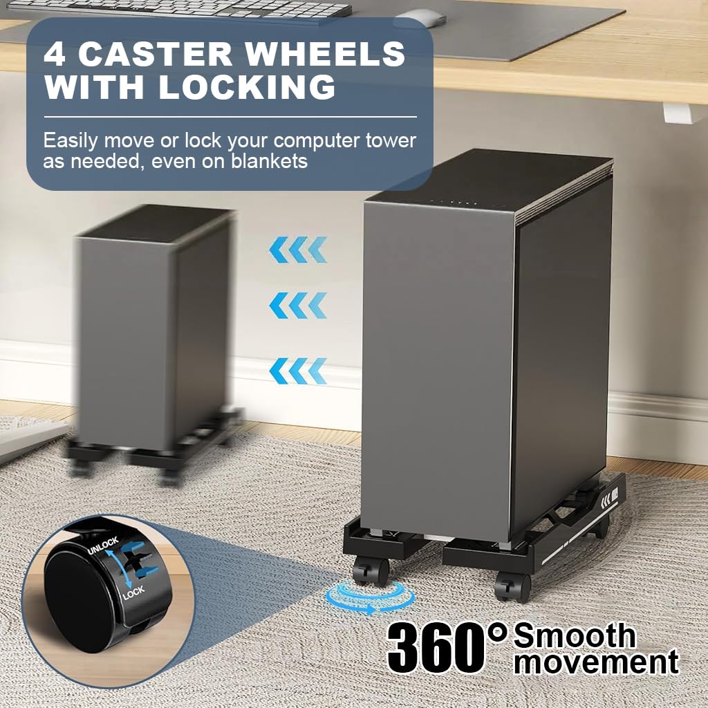 ZORBES Adjustable Computer Tower Stand for Floor with 4 Locking Wheels and 19.5–29 cm Width | Cutout Heat Dissipation Design