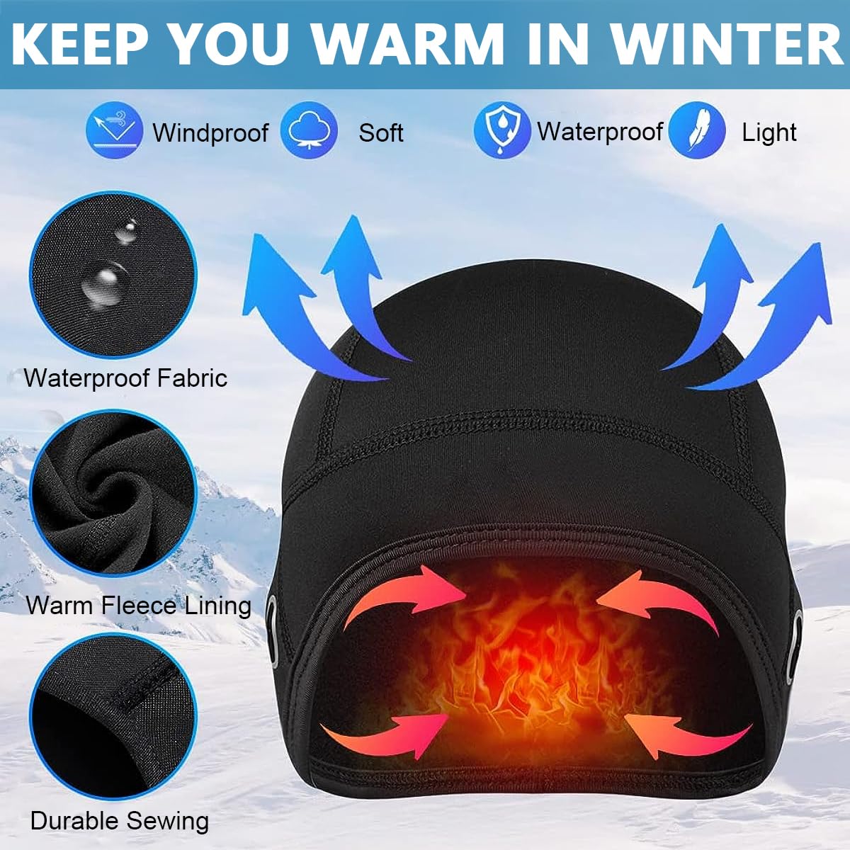 GUSTAVE® Winter Helmet Cap for Men Cycling Cap Winter Warm Skull Cap Motorcycle Helmet Liner Glasses Friendly Skull Cap Helmet Liner for Hiking, Skiing, Riding Outdoor Warm Skull Caps Black