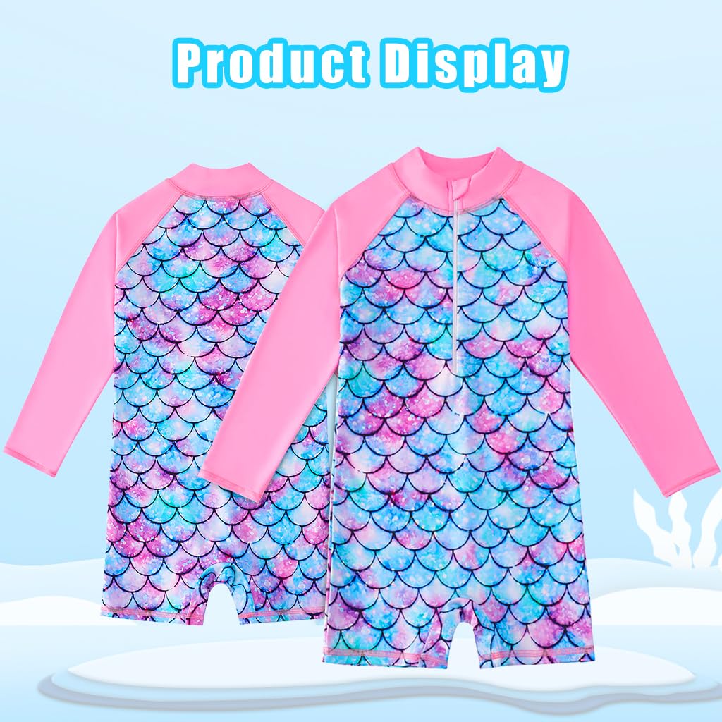 Optifit® Swimming Costume for Girls with Long Sleeve, One-Piece Mermaid Print Swimming Suit for Girls, UPF 50+ Rash Guard Swimwear for Pool Parties, Beach, Swimming, Vacation