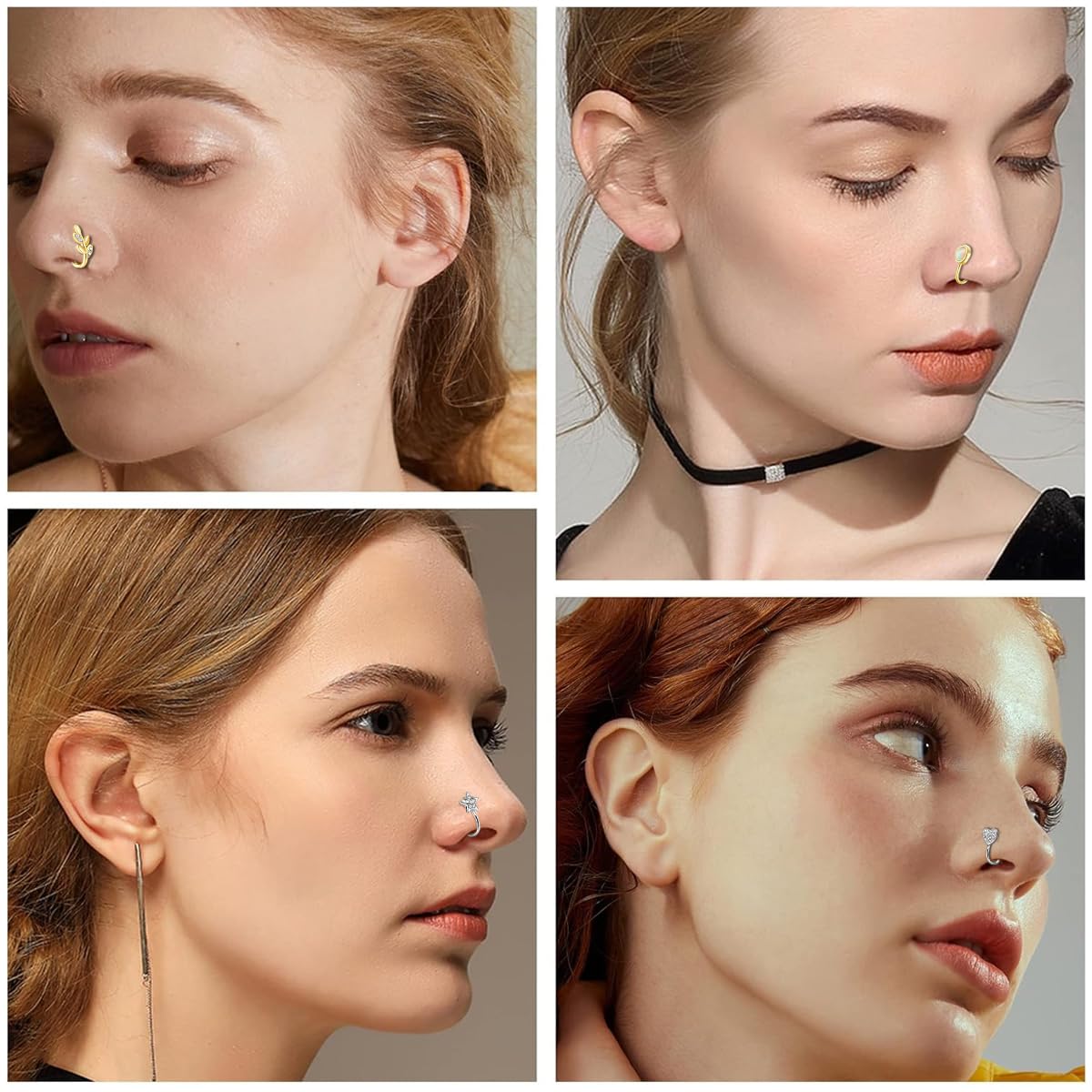 Venzina Nose Ring without Piercing for Women featuring Magnetic Clip On Design 4Pcs Gold and Silver