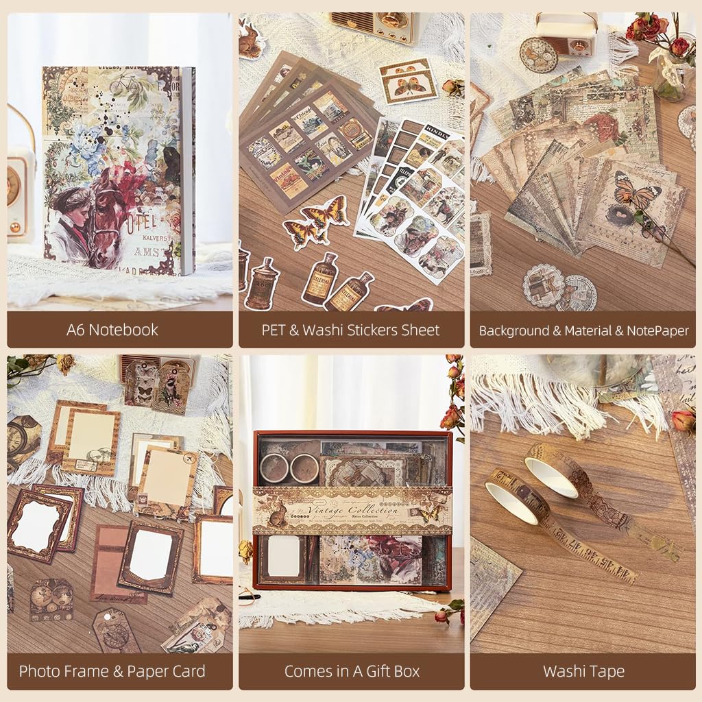 HASTHIP Vintage Journal Supplies Kit for Scrapbooking with 202 pcs A6 Notebook Set | Wisteria Flower Design