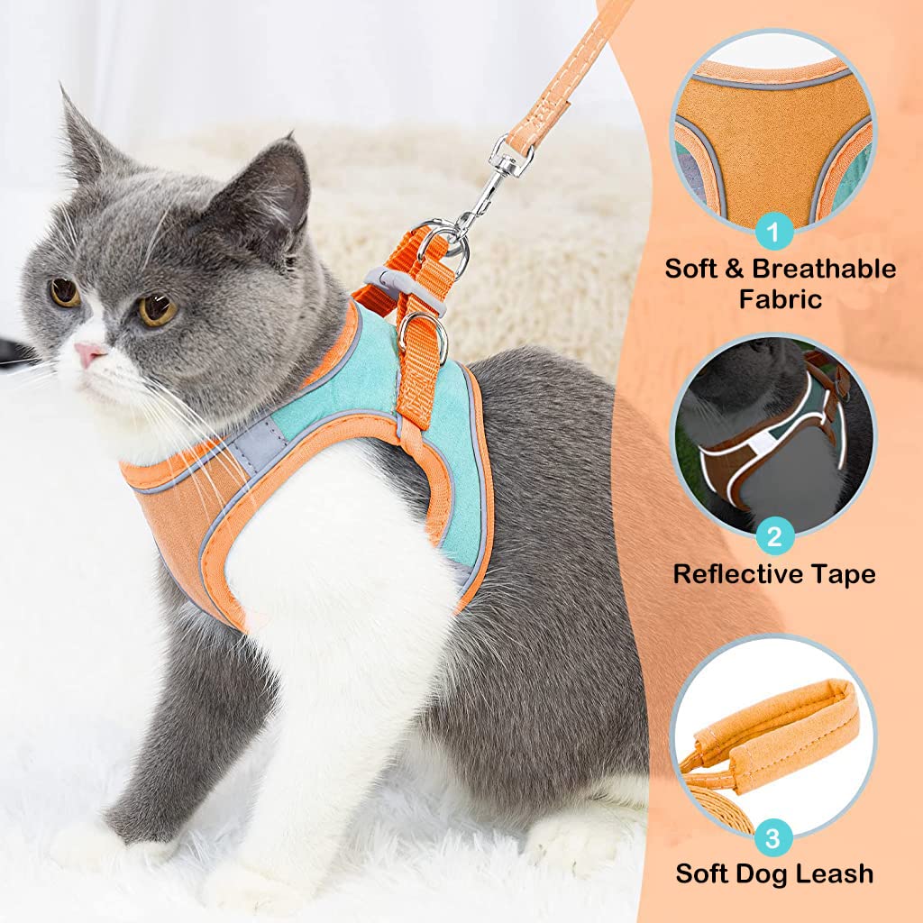 Qpets  Cat Harness with Cat Leash for Walking, Adjustable Soft Sturdy Faux Suede Escape Proof Kitten Vest Harness and Leash with Reflective Strip for Large Medium Small Cat(Green, Orang, M)