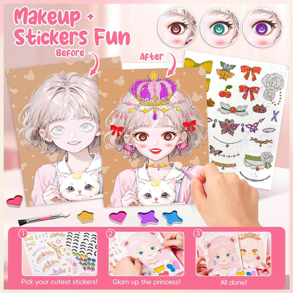 PATPAT® DIY Diamond Painting Art Kit for Girls Makeup Game Book Kit with Tools Cute Manga Girls Princess Diamond Painting Art Book Birthday Gift for Girls Art Craft Activity for Kids