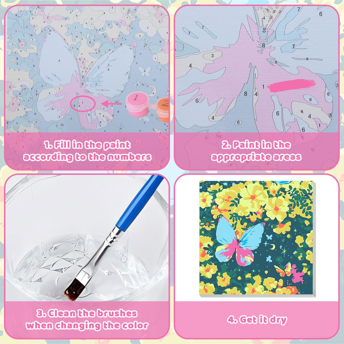 HASTHIP Paint by Numbers Kit for Adults and Kids with Brushes & Acrylic Pigments 20x20cm | Butterfly Flower Blossom Canvas Painting for Relaxing DIY Art