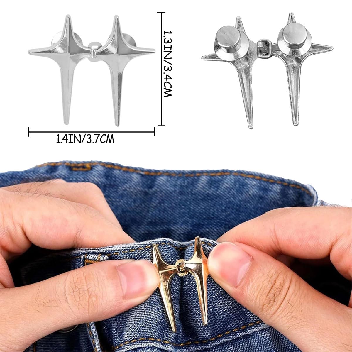 SANNIDHI Adjustable Waist Button for Pants and Jeans | 2 Pairs Silver Star No Sewing Clips