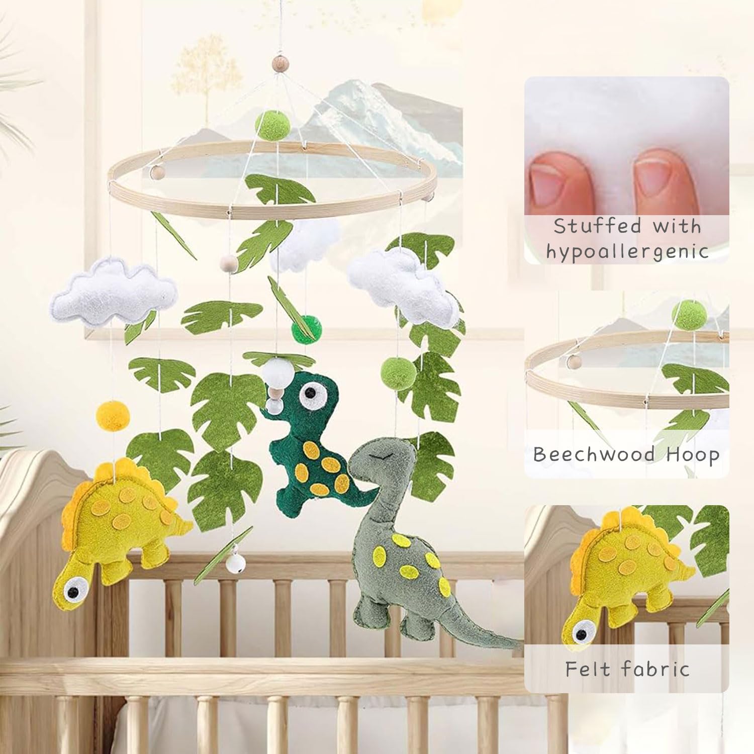 SNOWIE SOFT Crib Mobile Toy with Felt Dinosaur Plush and Wooden Ring for Nursery | Baby Shower Gift