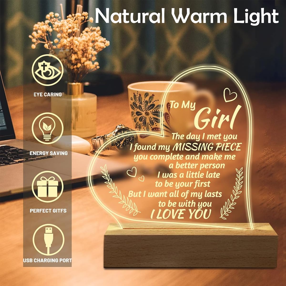 HASTHIP Romantic Gifts for Girlfriend with Engraved Acrylic Night Light and Wooden Base | USB Warm Light for Anniversary or Valentines Day