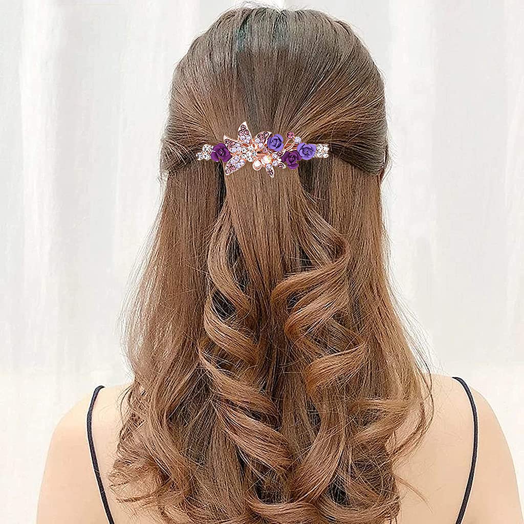 MAYCREATE Hair Clips for Women with Rhinestone Flower Design 3 Pcs 6.5×2.5 cm | Alloy Barrettes for Girls