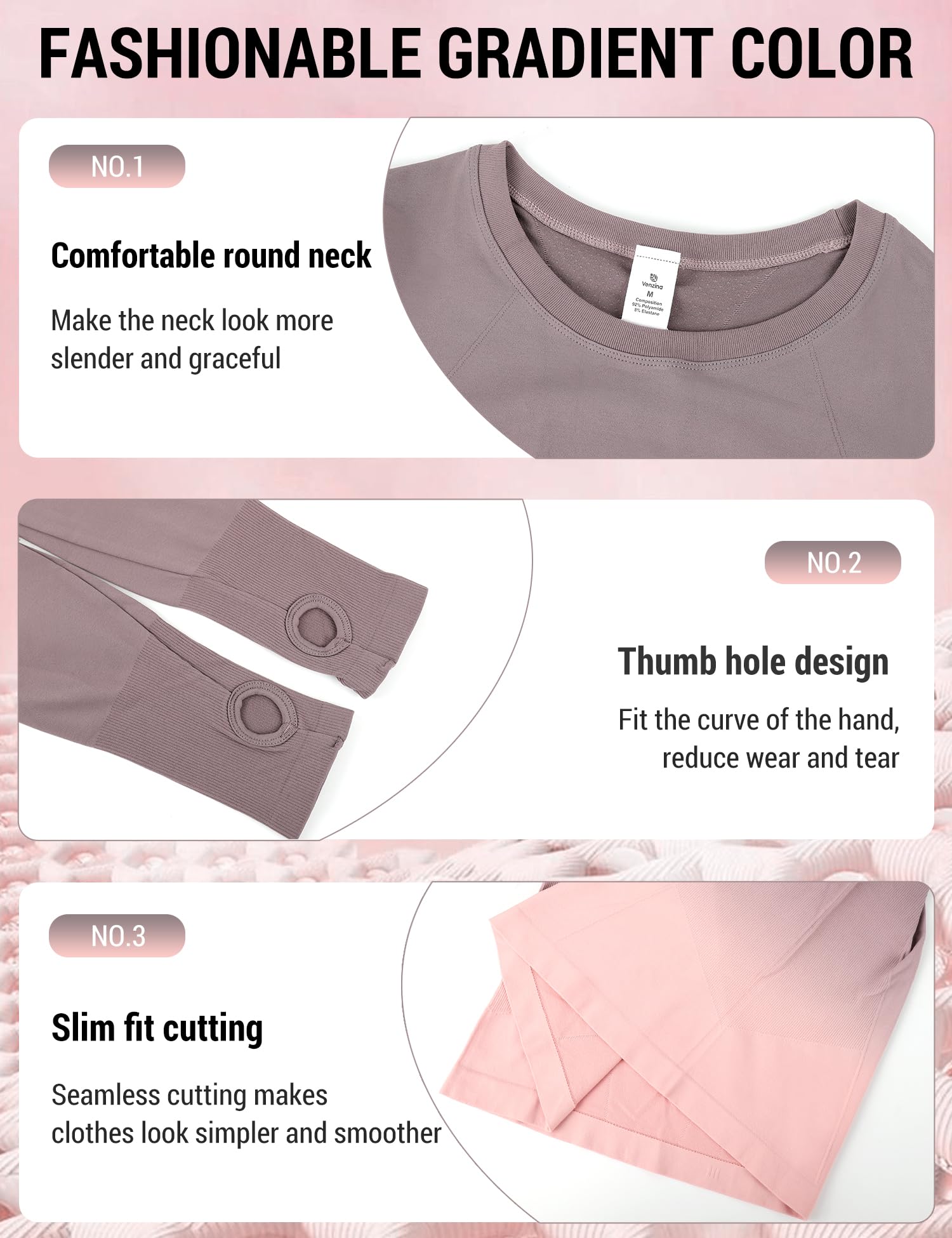 Venzina Women's Gradient Workout T Shirt for Yoga and Running with Thumbholes | Quick Dry Slim Fit Long Sleeve Top in Pink