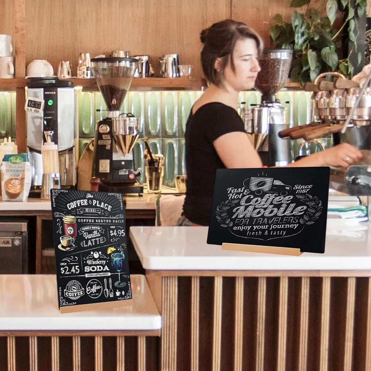 OFIFO A4 Blackboard for Kitchen and Café Display with Double Sided Surface and Wooden Base | Includes Color Markers and Microfiber Wipes