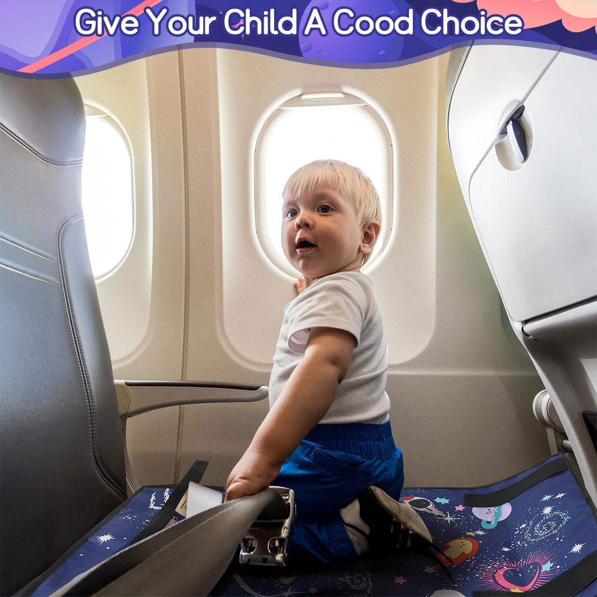 HASTHIP Portable Airplane Bed for Kids with Adjustable Strap Support 78×43cm Blue Universe | Travel Seat Extender for Toddlers