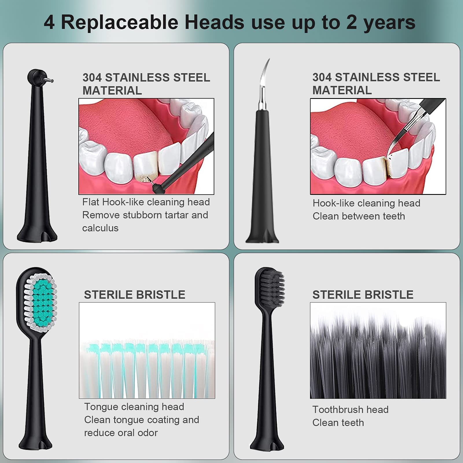 HANNEA Teeth Cleaner Kit with 3 Modes and 4 Heads featuring Sonic Vibration & LED Light