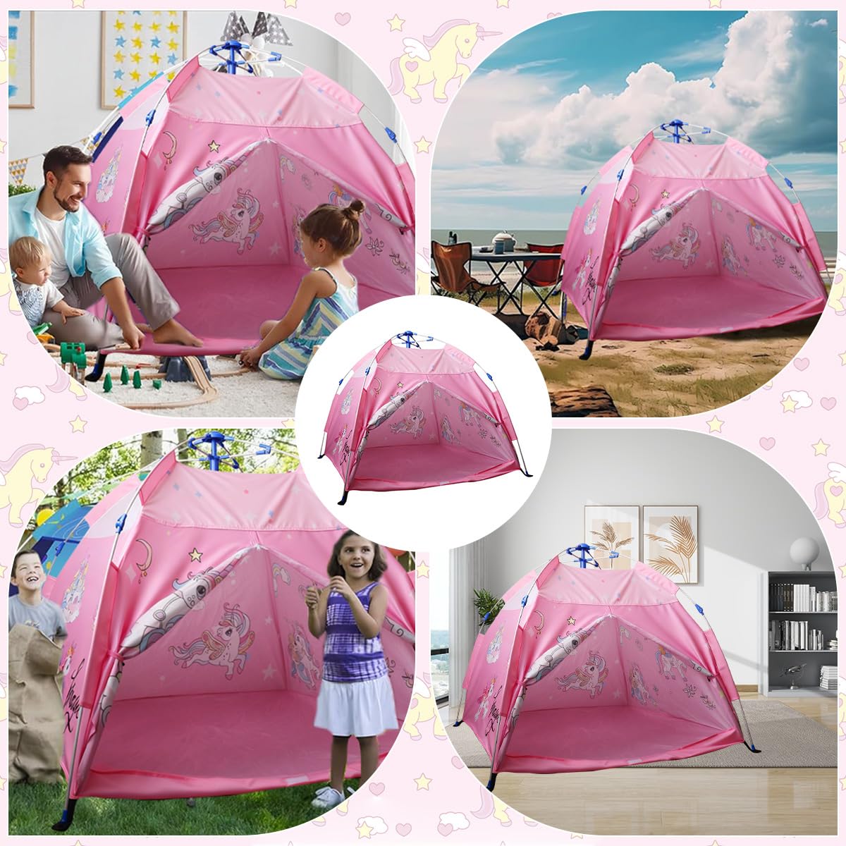 PATPAT Pop Up Play Tent for Kids 130x128x110cm with Mesh Roof and Zip Up Door | Pink Unicorn Design