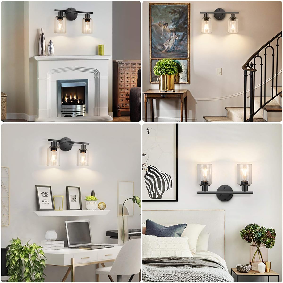 ELEPHANTBOAT E27 Wall Mounting Light Fixture for Bedroom and Hallway with Dual 10cm Glass Lampshades featuring Screw Fixing Base | Matte Black Metal Design