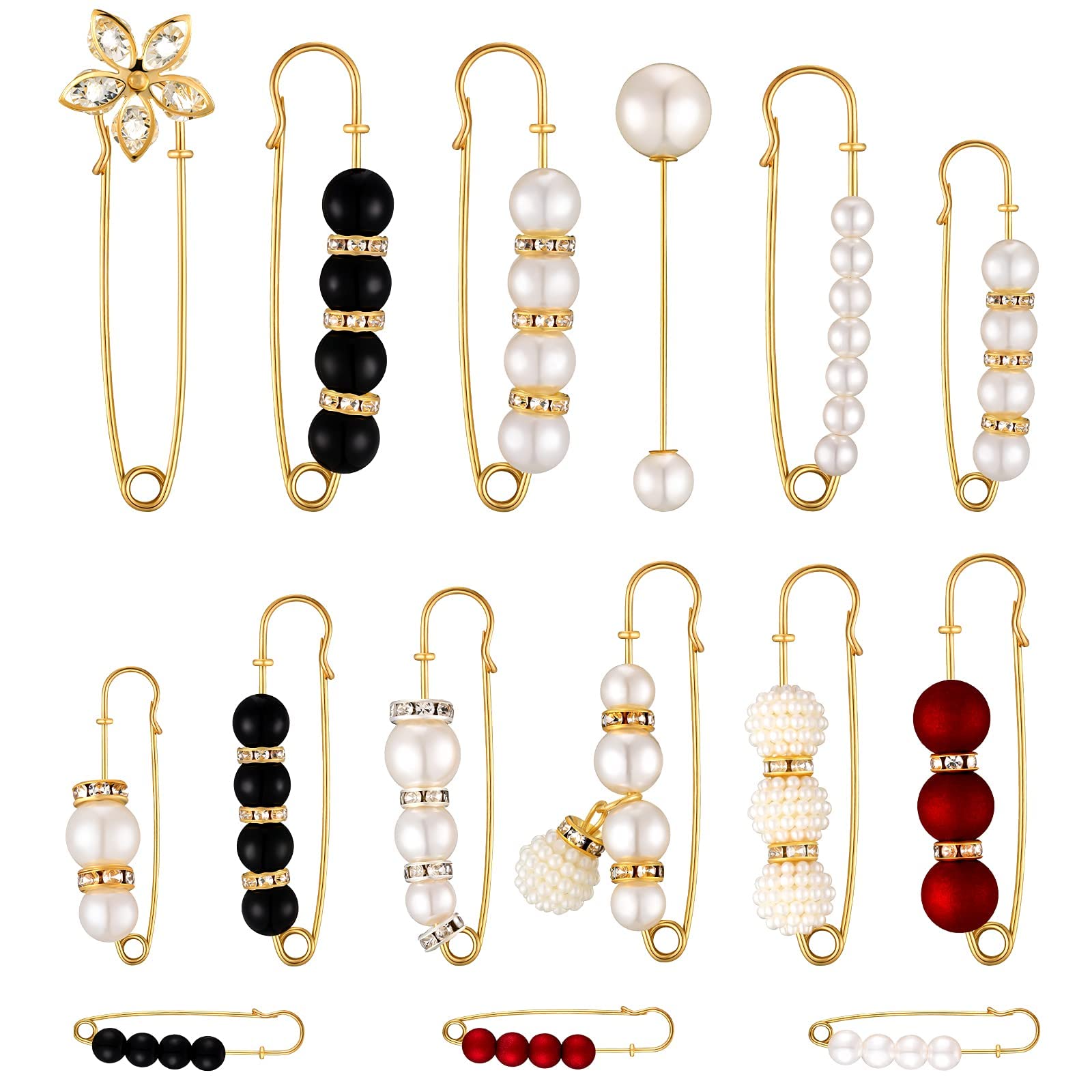 SANNIDHI® 15 Pieces Sweater Clips Heavy Duty Safety Pins Faux White Pearl Brooch Pins Dress Clip Hat Shawl Pin Rhinestone Enamel Pins Decorative Cute Pins for Women Girls Dressing Decoration