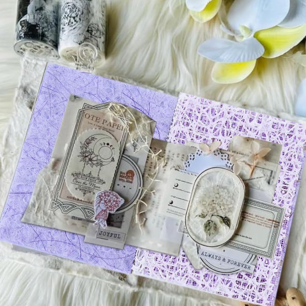 HASTHIP Scrapbook Paper Set for Journaling and Card Making featuring 16pcs 10x14cm Textured Sheets | Assorted Beige White and Purple Designs