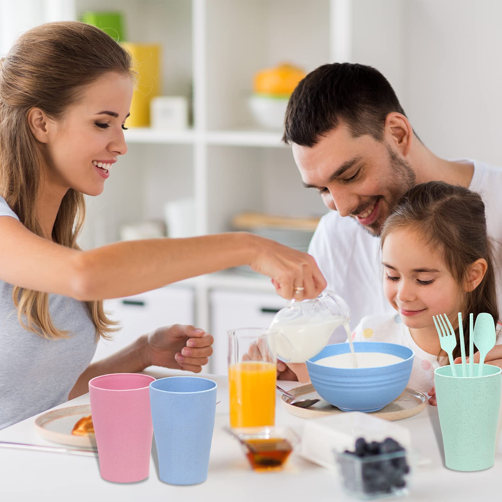 HASTHIP Dinnerware Set for Everyday Meals with 28 Pcs Unbreakable Wheat Straw Tableware