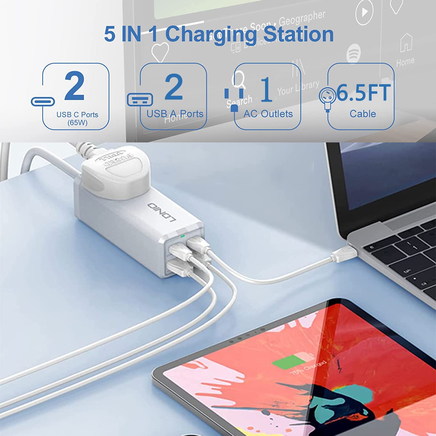 ZORBES USB Charger Adapter 65W Multiport USB Charger Adapter with 2 USB C Port, 2 USB A Port, Power Outlet 5 in 1 Charger Adapter Outlet Extender for Phone, Tablet, Laptop